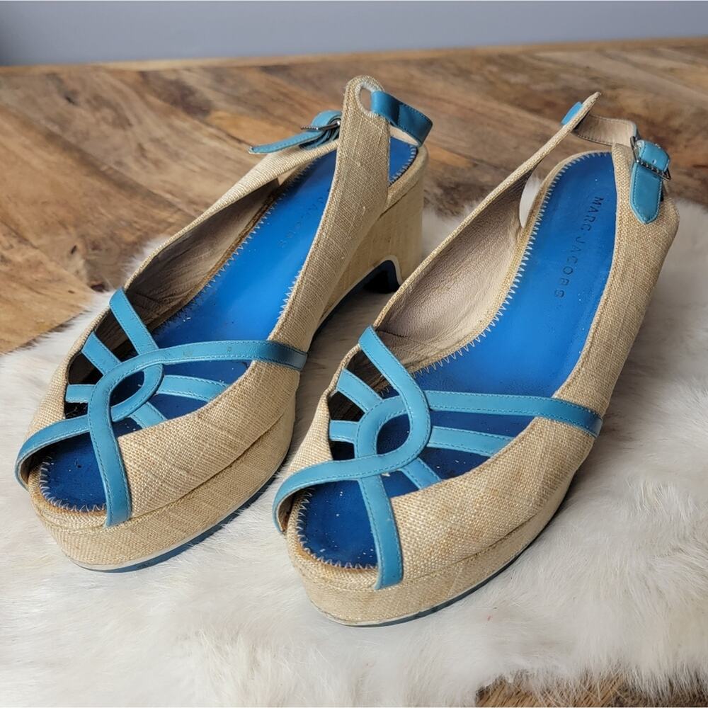 Marc Jacobs Tan & Blue Wedge Sandals, Sz 8